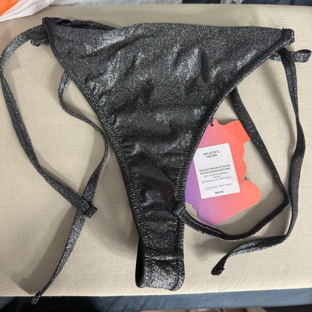 Fabletics Yitty Swim Luxe Side Tie Thong, Black/Silver Shimmer, XXL/1X